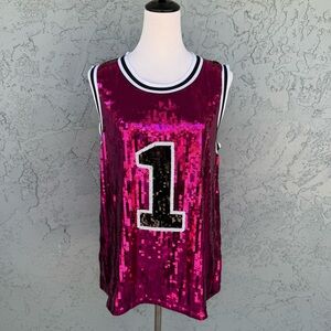 Anna-Kaci California Pink All Over Sequin #1 Tank Top Basketball Jersey NWT M